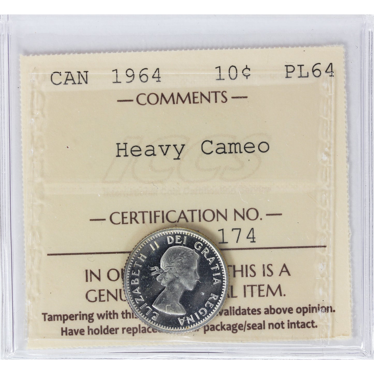 1964 Canada 10-cents ICCS Certified PL64 Heavy Cameo