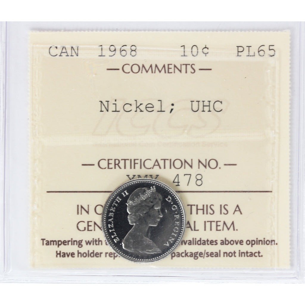 1968 Nickel Canada 10-cents ICCS Certified PL65 Ultra Heavy Cameo