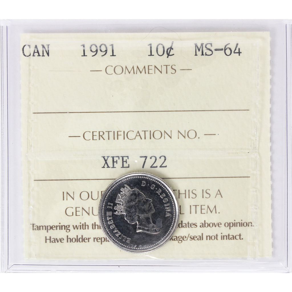 1991 Canada 10-cents ICCS Certified MS64