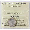1932 Canada 10-cents ICCS Certified MS64 (XOK 450)
