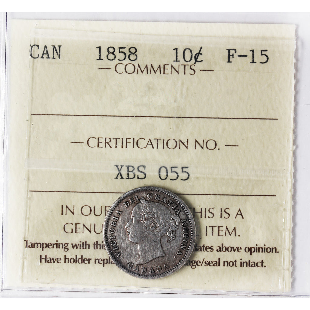 1858 Canada 10-cents ICCS Certified F15