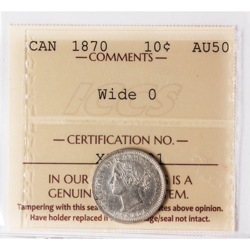 1870 Wide O Canada 10-cents ICCS Certified AU50
