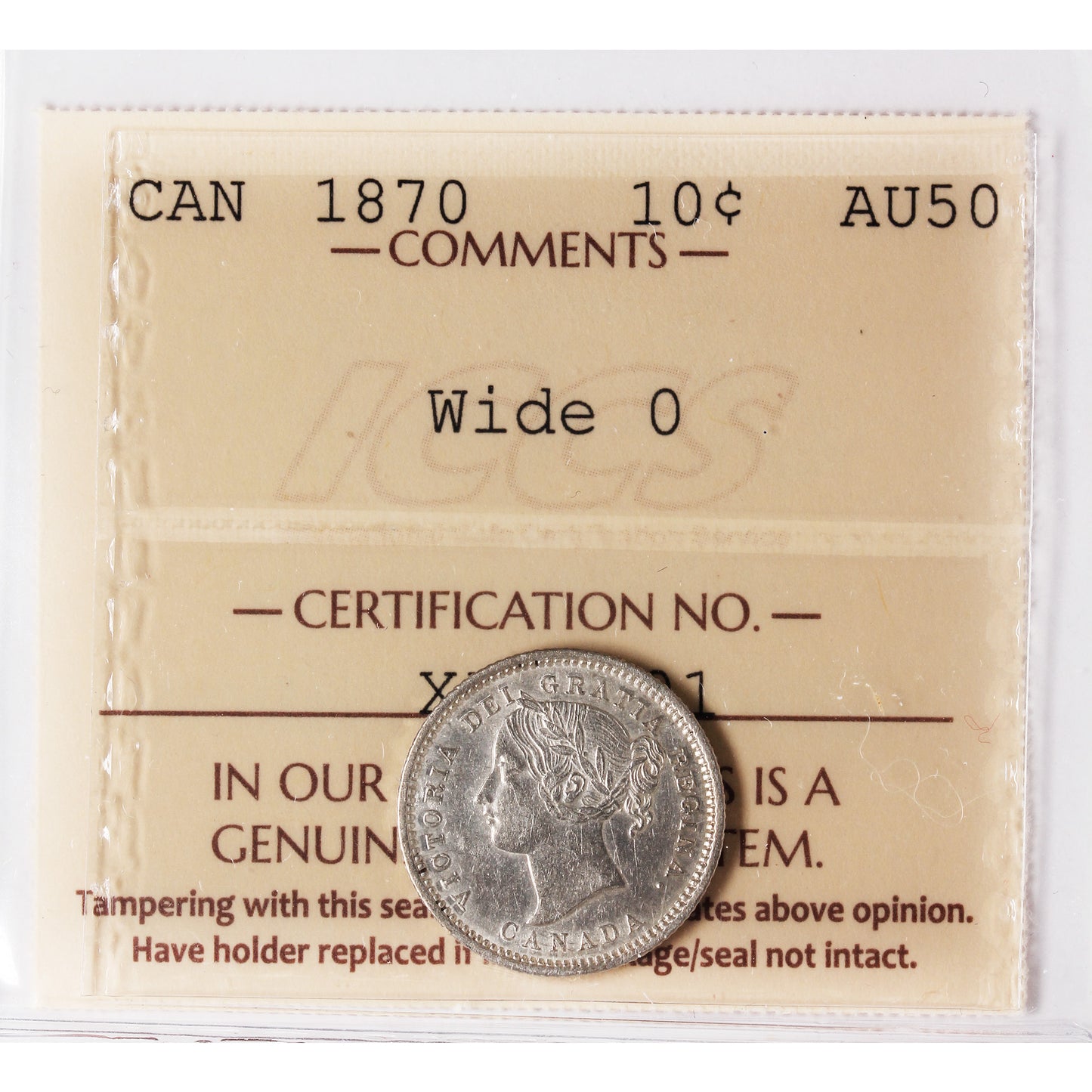 1870 Wide O Canada 10-cents ICCS Certified AU50