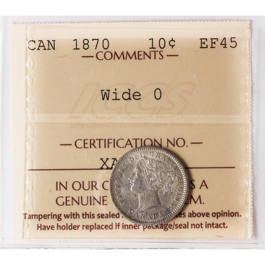 1870 Wide O Canada 10-cents ICCS Certified EF-45