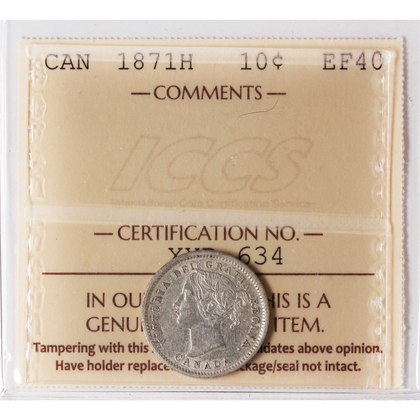 1871H Canada 10-cents ICCS Certified EF-40