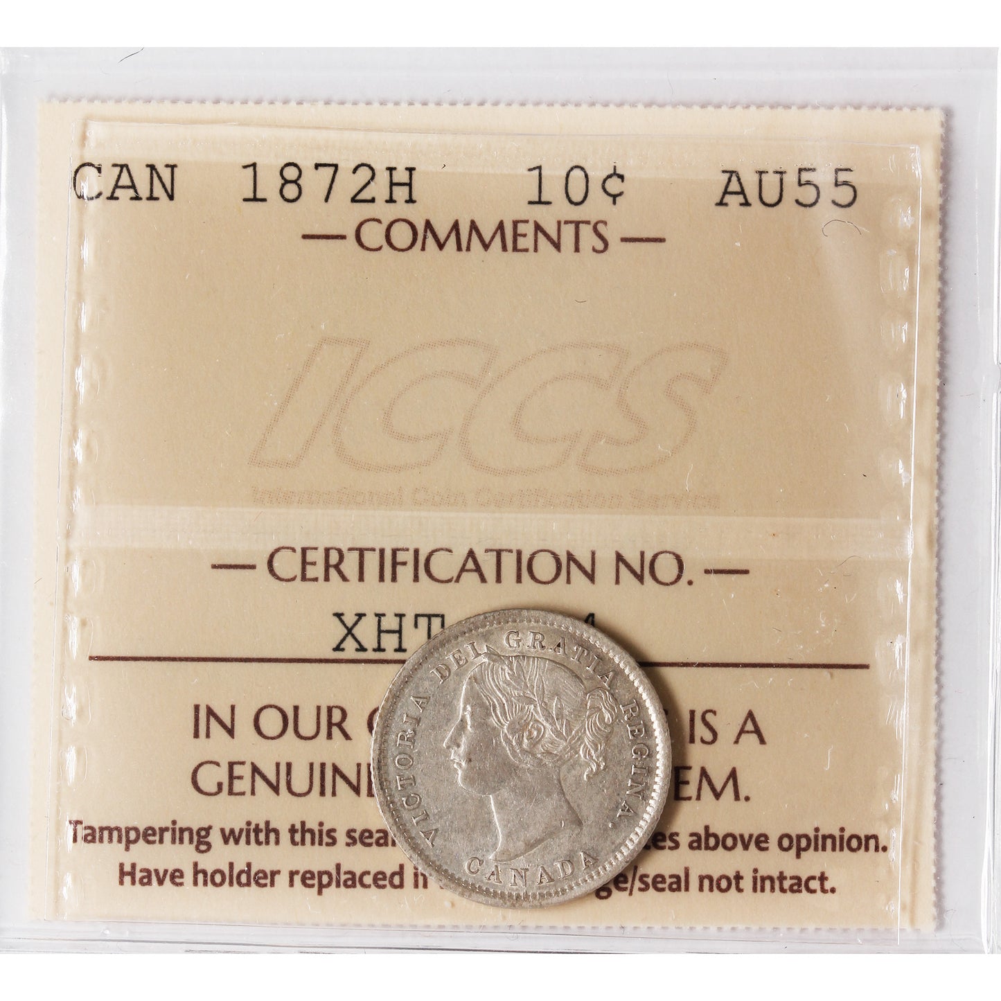 1872H Canada 10-cents ICCS Certified AU55