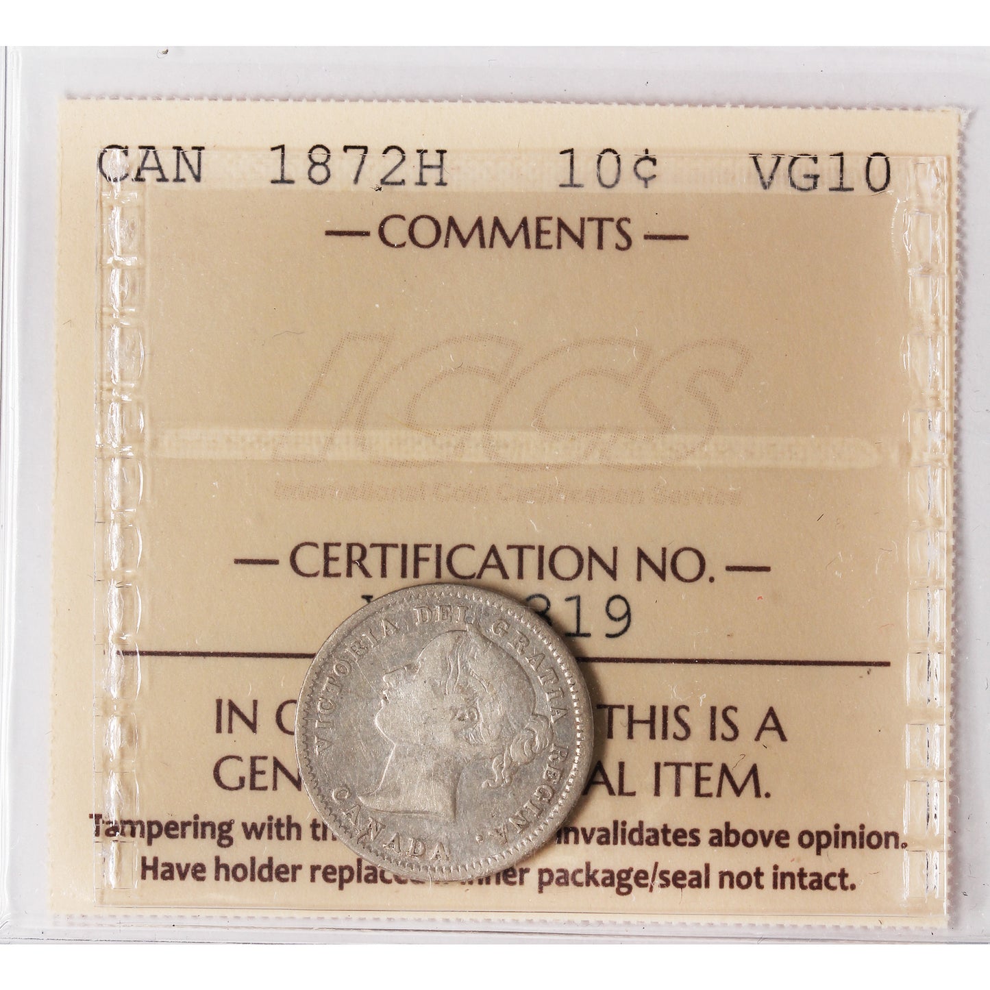 1872H Canada 10-cents ICCS Certified VG10