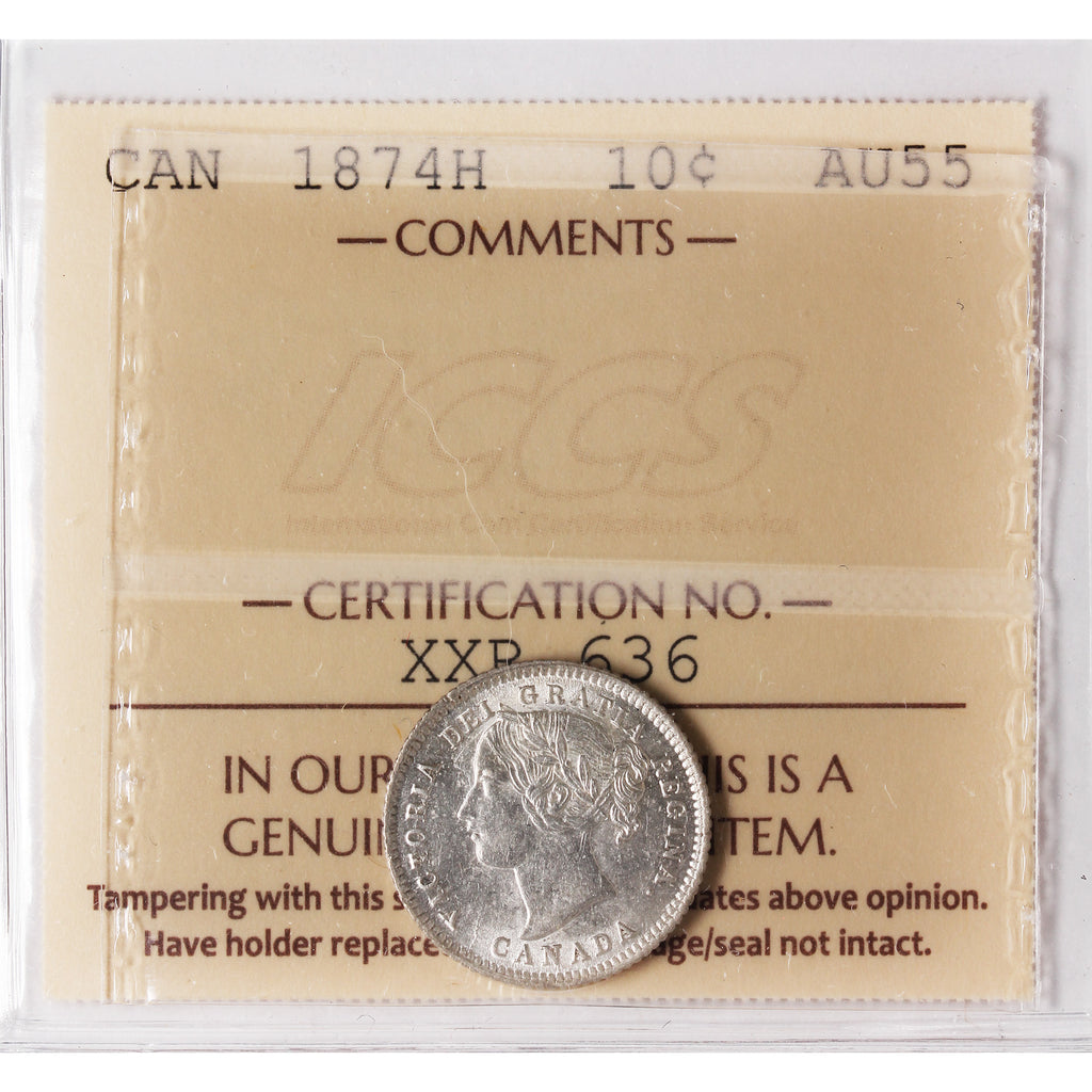 1874H Canada 10-cents ICCS Certified AU55