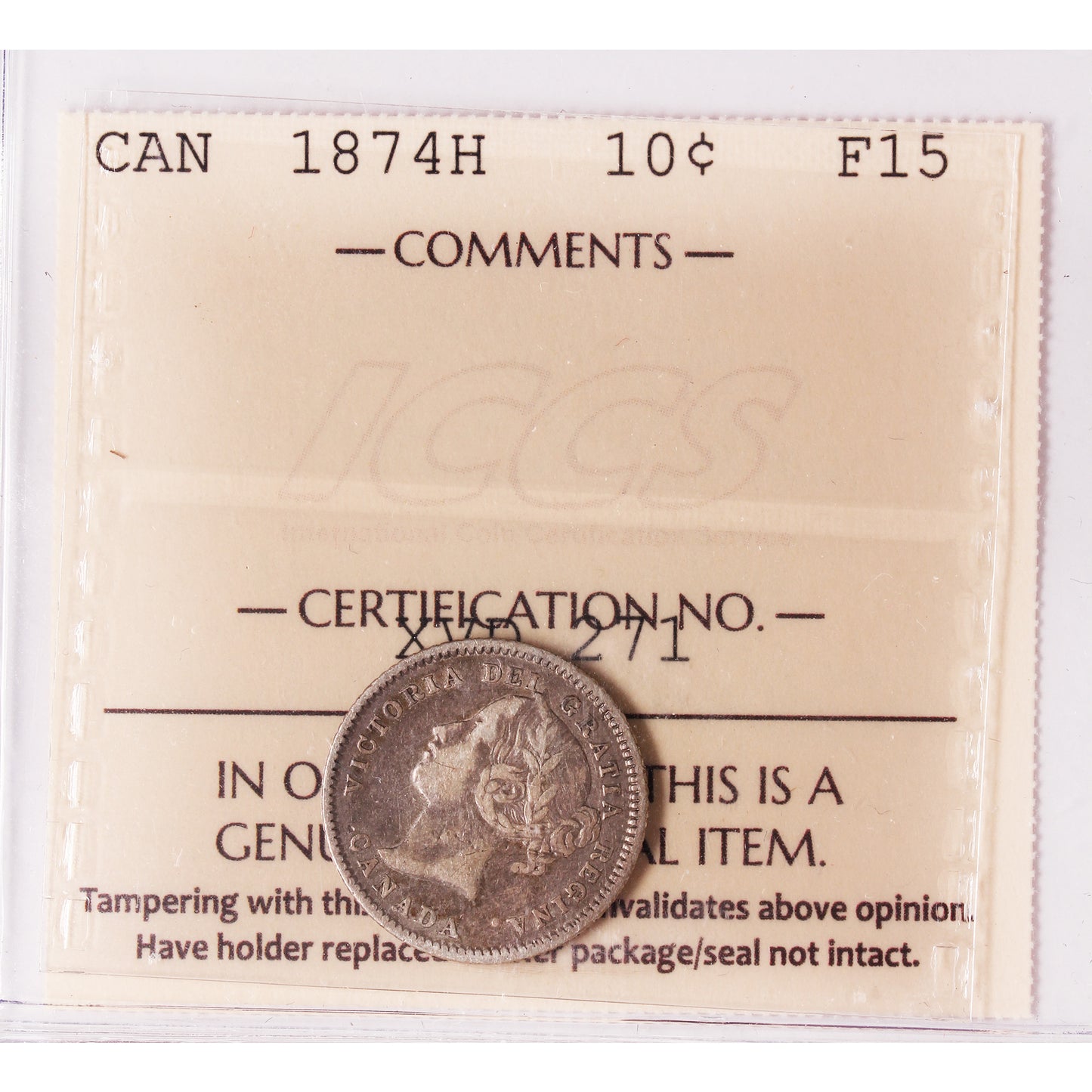 1874H Canada 10-cents ICCS Certified F15