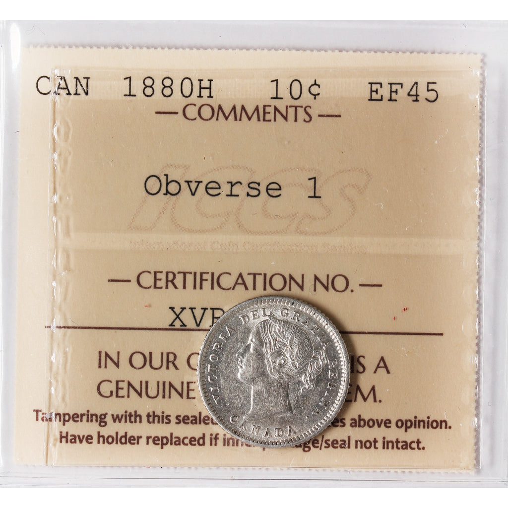 1880H Obv. 1 Canada 10-cents ICCS Certified EF45