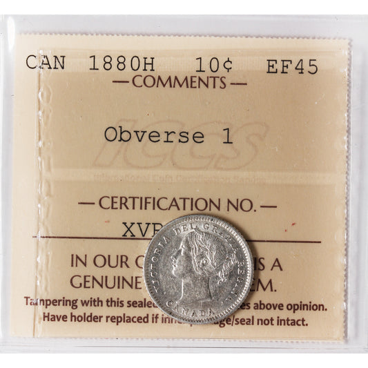 1880H Obv. 1 Canada 10-cents ICCS Certified EF-45