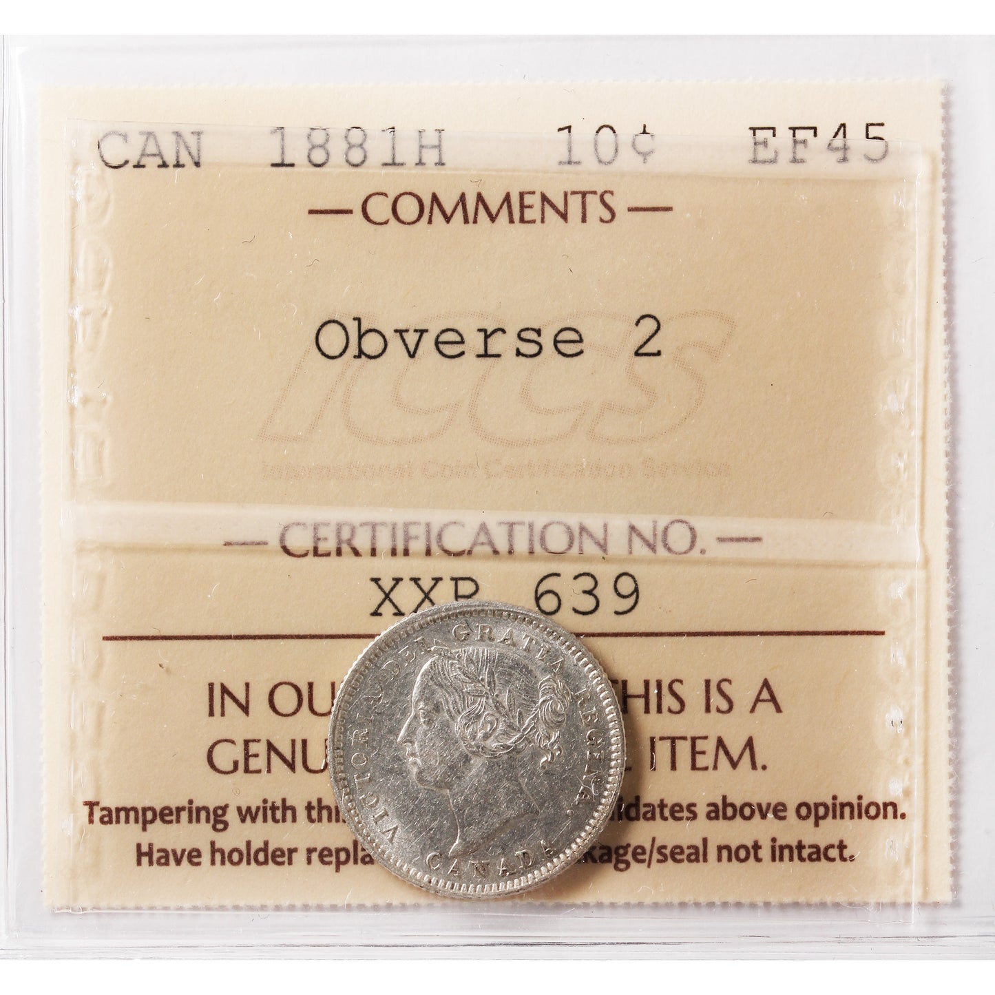 1881H Obv. 2 Canada 10-cents ICCS Certified EF45