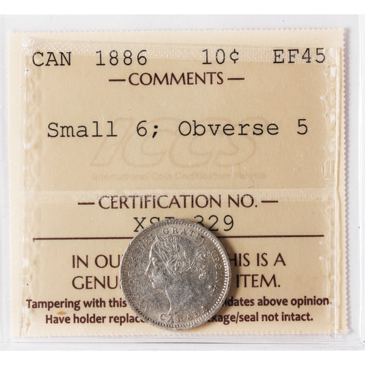 1886 Small 6, Obv. 5 Canada 10-cents ICCS Certified EF45