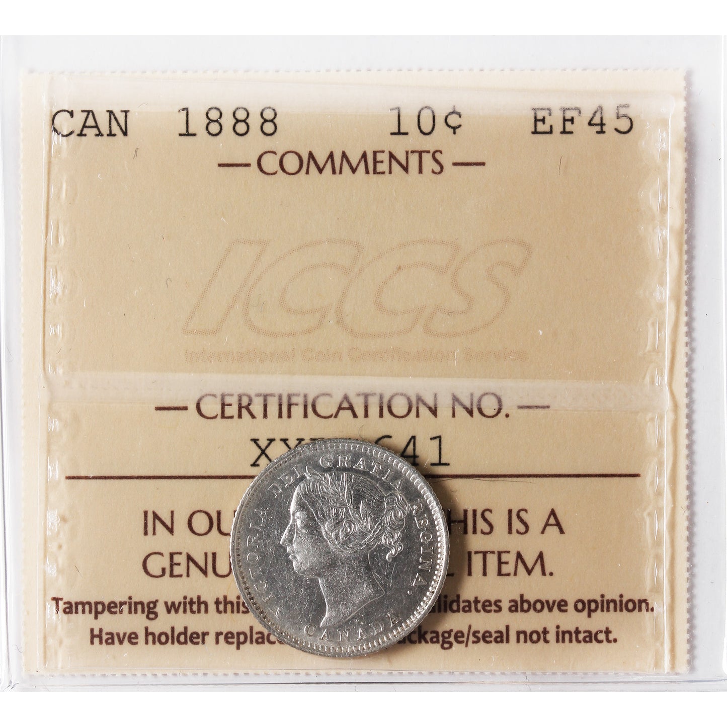 1888 Canada 10-cents ICCS Certified EF45