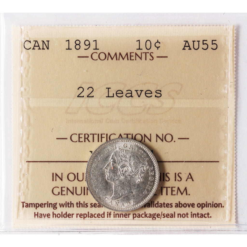 1891 22 Leaves Canada 10-cents ICCS Certified AU55