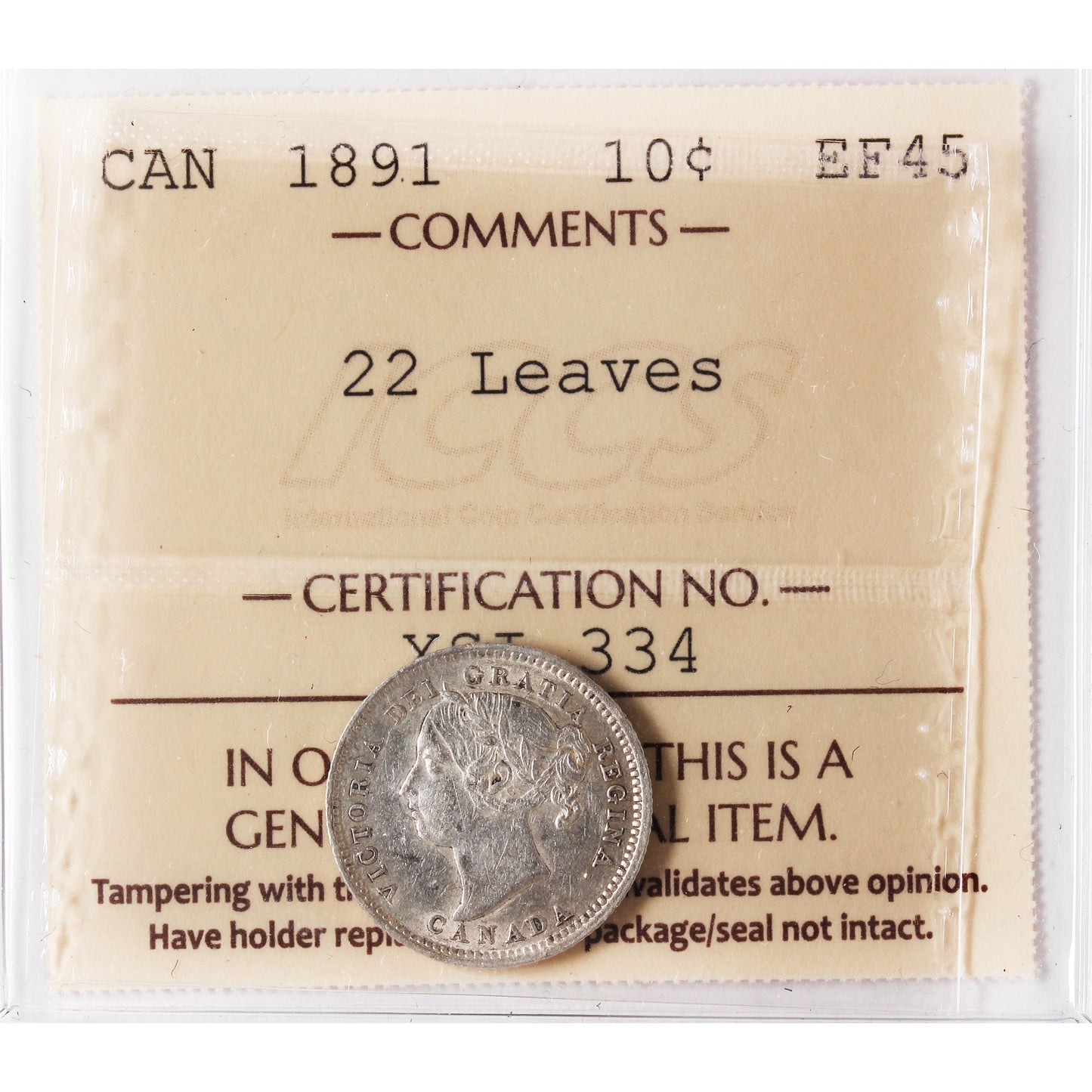 1891 22 Leaves Canada 10-cents ICCS Certified EF45