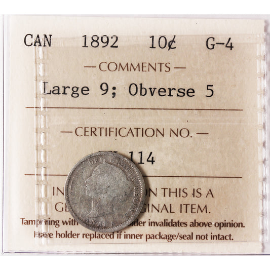 1892 Large 9, Obv. 5 Canada 10-cents ICCS Certified G4