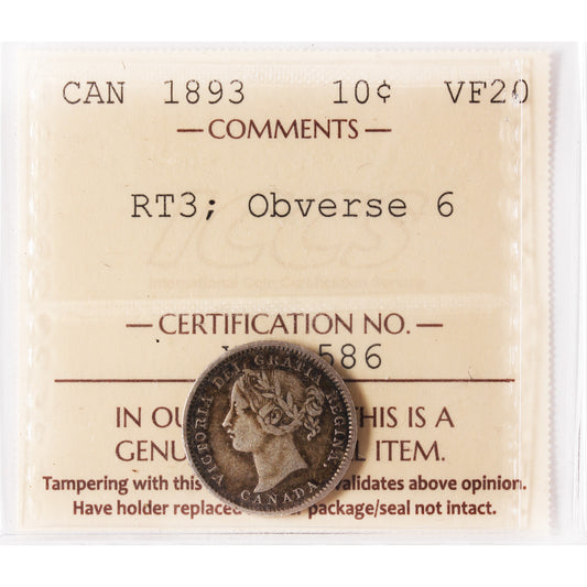 1892 Round Top 3, Obv. 6 Canada 10-cents ICCS Certified VF20