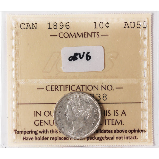 1896 Obv. 6 Canada 10-cents ICCS Certified AU55