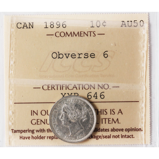1896 Obv. 6 Canada 10-cents ICCS Certified AU50