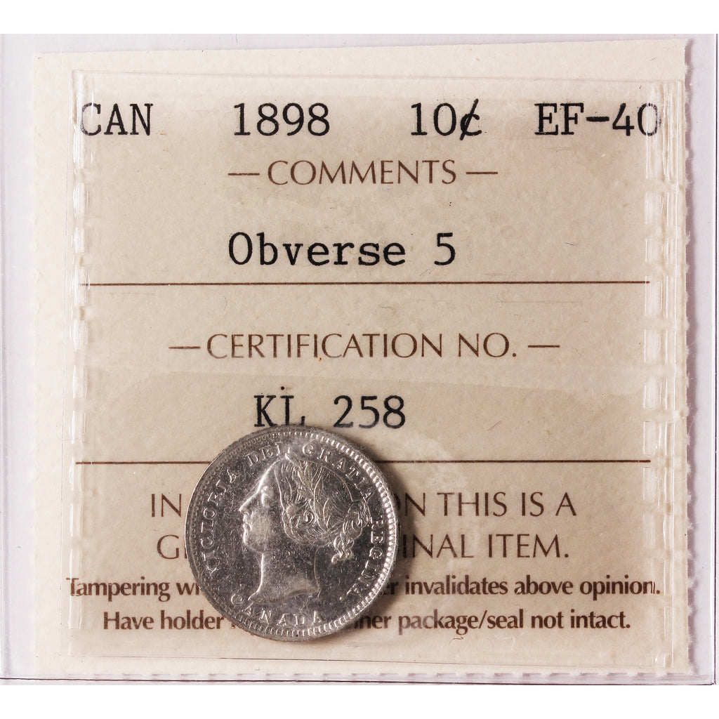 1898 Obv. 5 Canada 10-cents ICCS Certified EF40