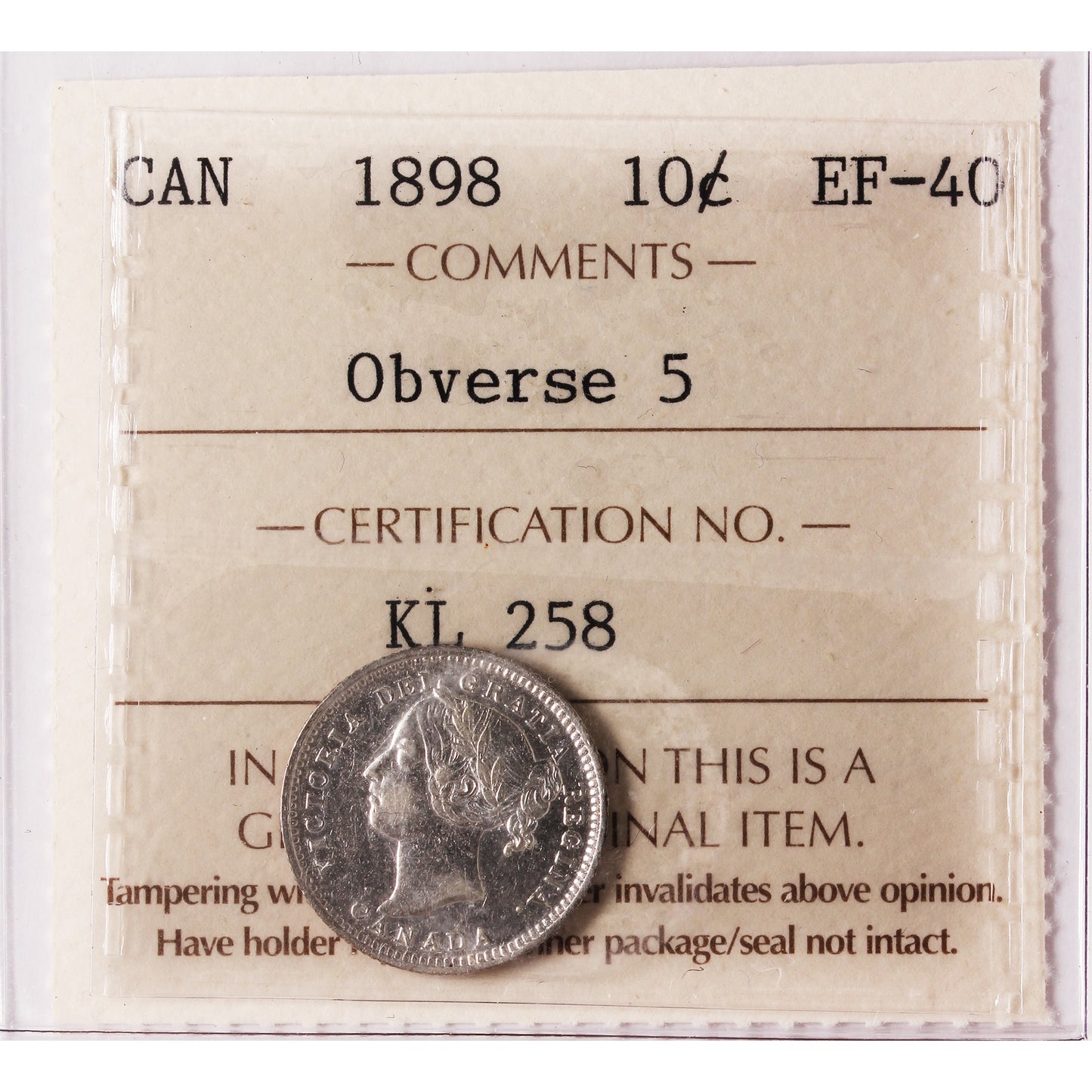 1898 Obv. 5 Canada 10-cents ICCS Certified EF40