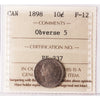 1898 Obv. 5 Canada 10-cents ICCS Certified F12