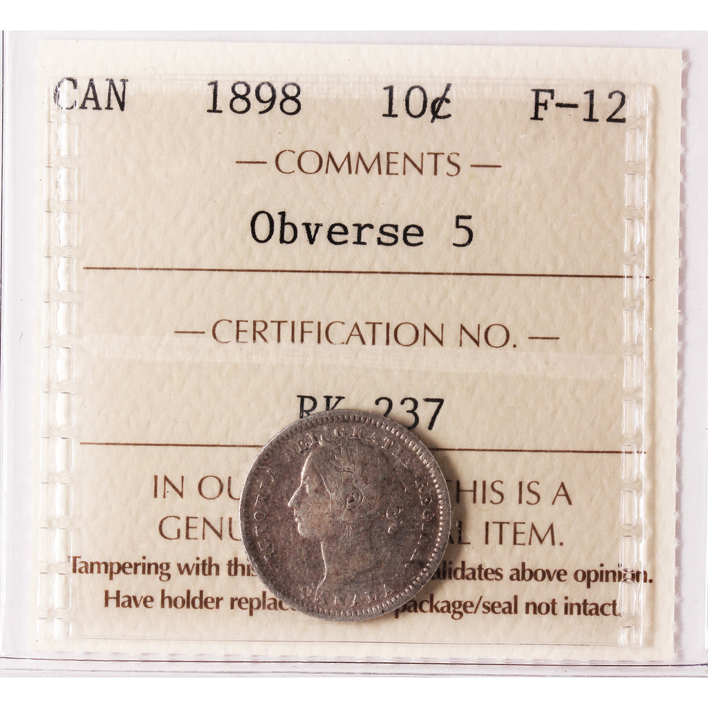 1898 Obv. 5 Canada 10-cents ICCS Certified F12