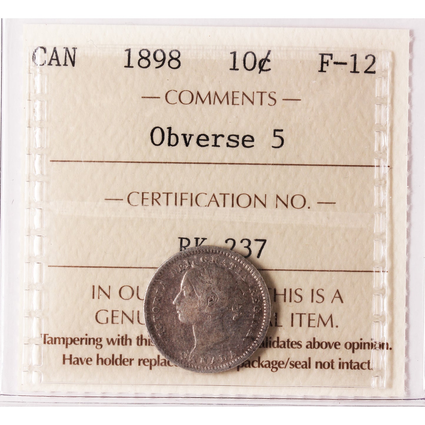 1898 Obv. 5 Canada 10-cents ICCS Certified F12