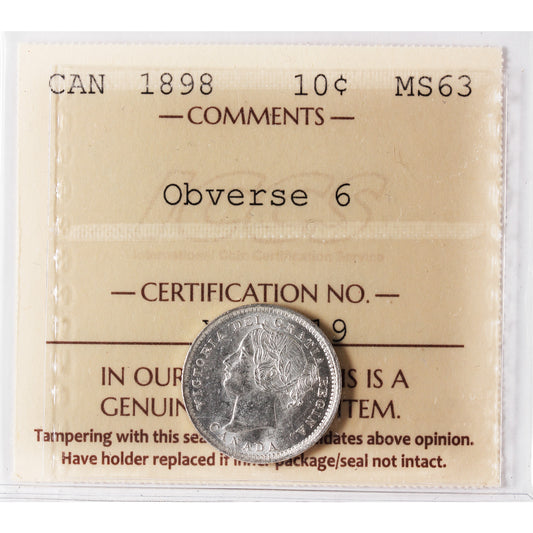 1898 Obv. 6 Canada 10-cents ICCS Certified MS-63 (XHT 119)