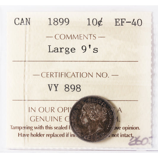 1899 Large 9s Canada 10-cents ICCS Certified EF40