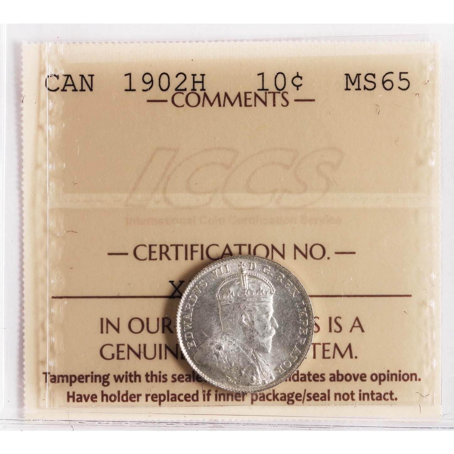 1902H Canada 10-cents ICCS Certified MS65 (XAM 202)