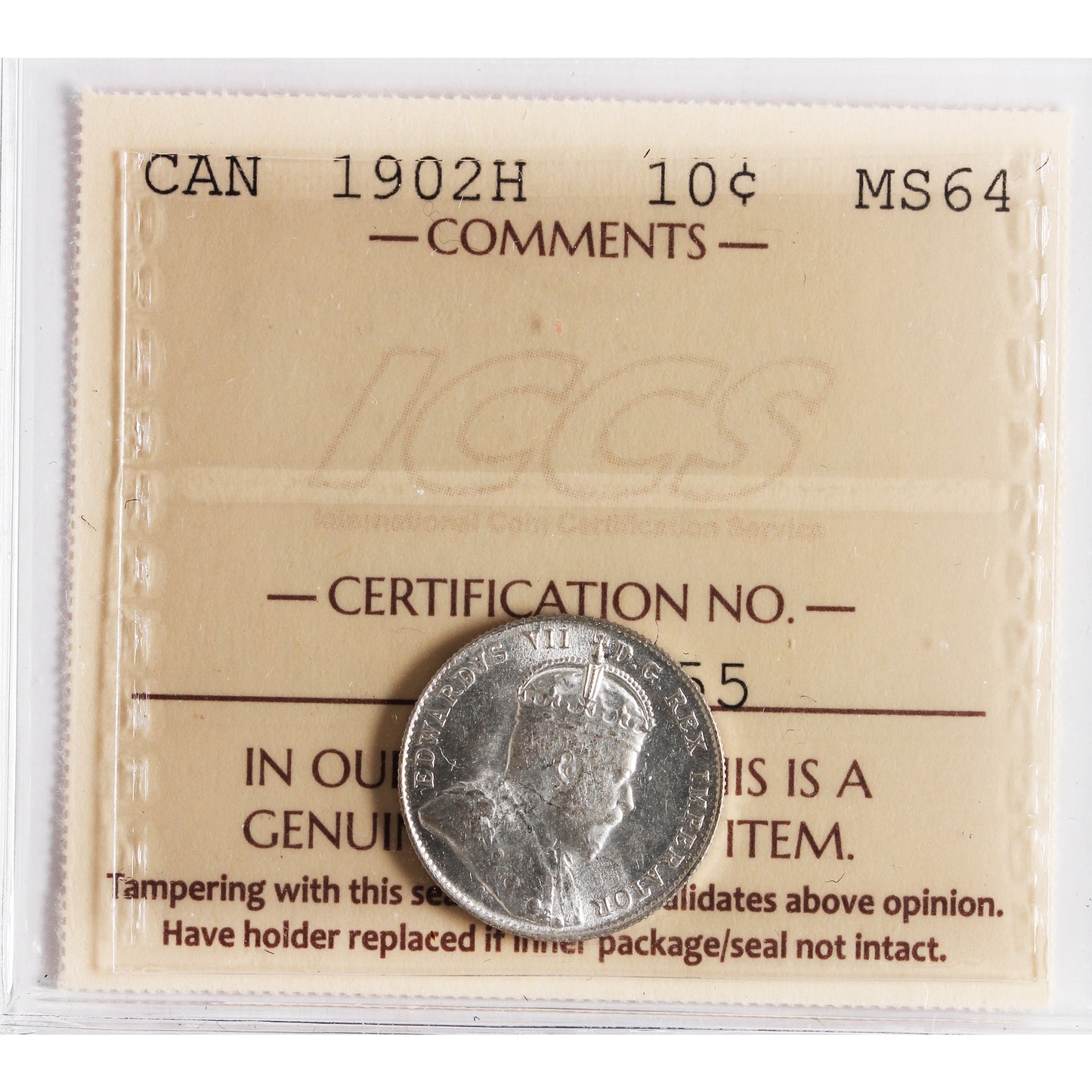 1902H Canada 10-cents ICCS Certified MS64 (XVR 255)