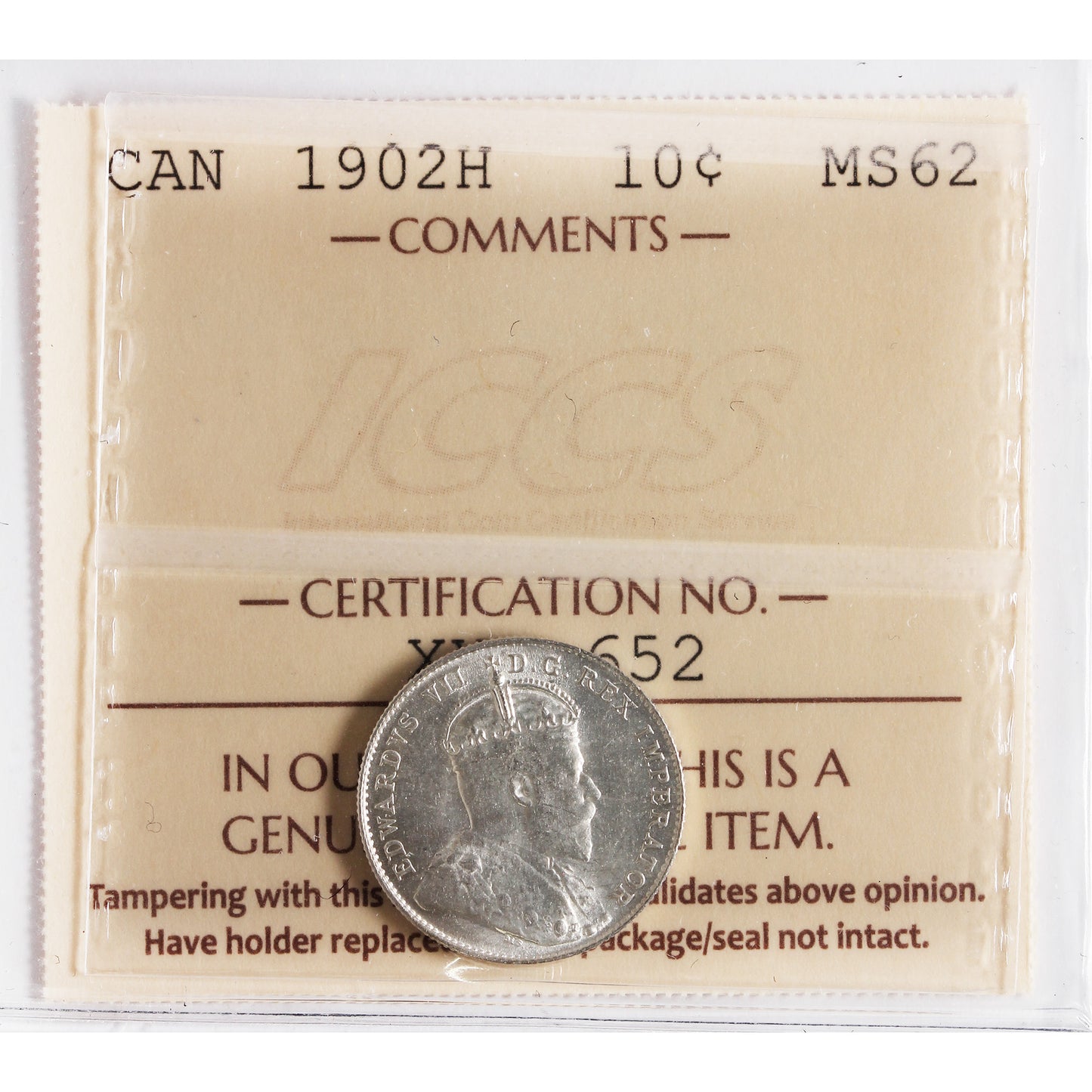 1902H Canada 10-cents ICCS Certified MS62 (XXR 652)