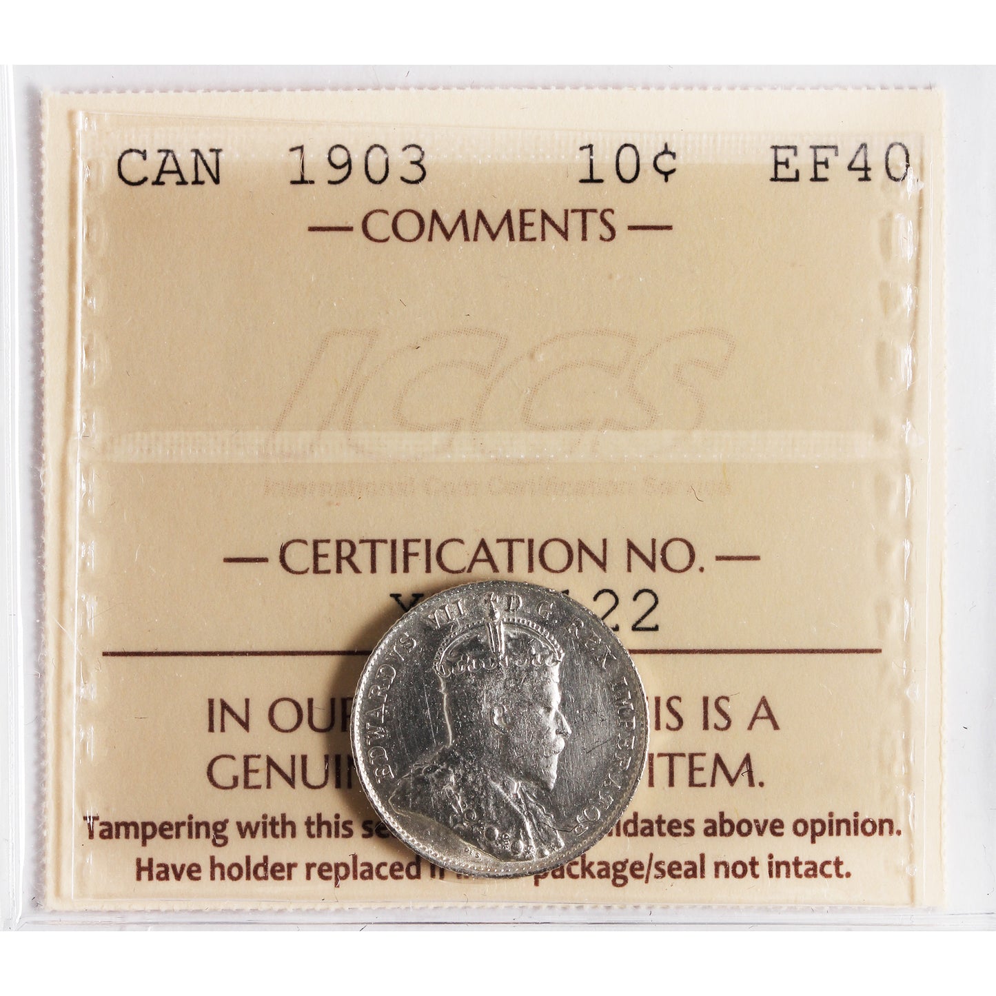1903 Canada 10-cents ICCS Certified EF40