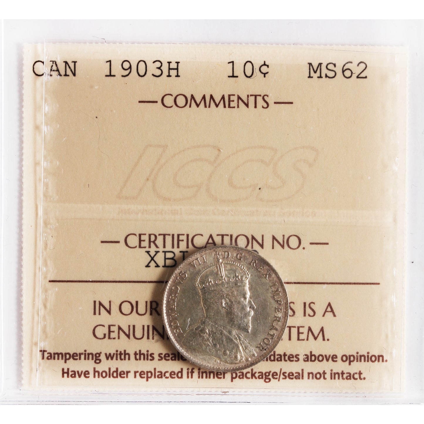 1903H Canada 10-cents ICCS Certified MS62 (XBL 923)