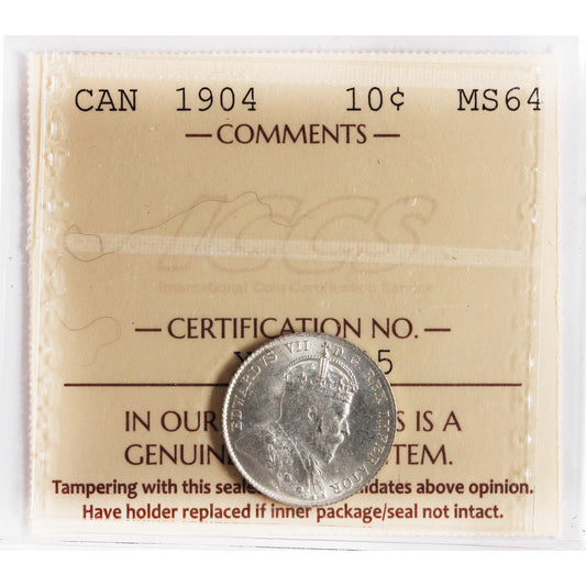 1904 Canada 10-cents ICCS Certified MS64 (XHT 125)