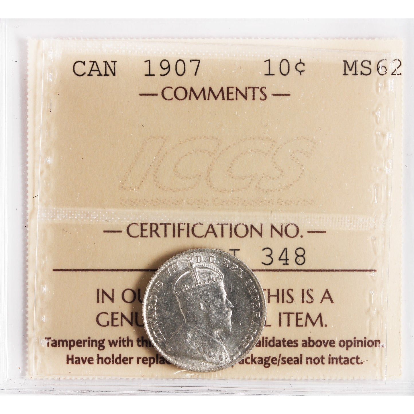 1907 Canada 10-cents ICCS Certified MS62 (XSI 348)
