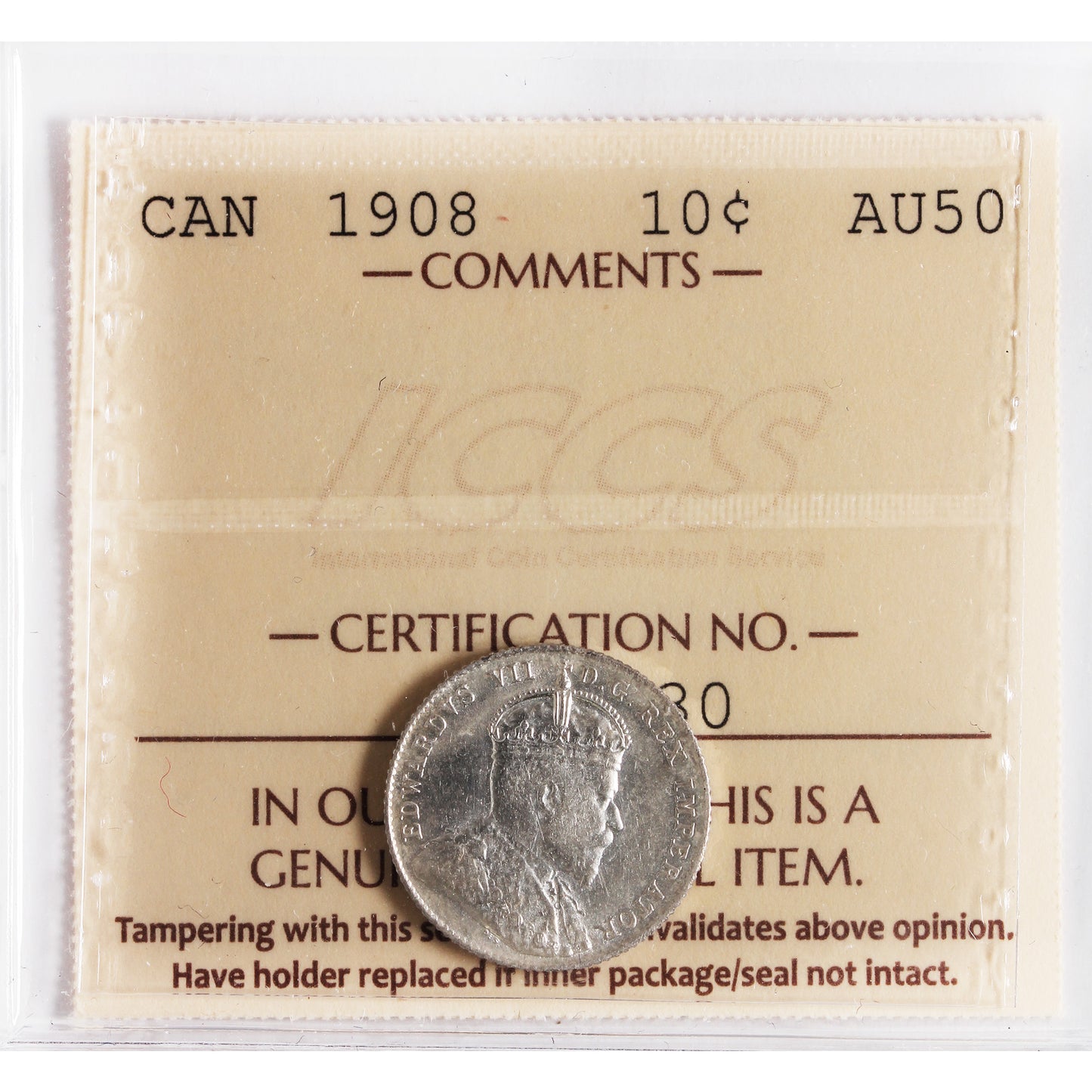 1908 Canada 10-cents ICCS Certified AU50