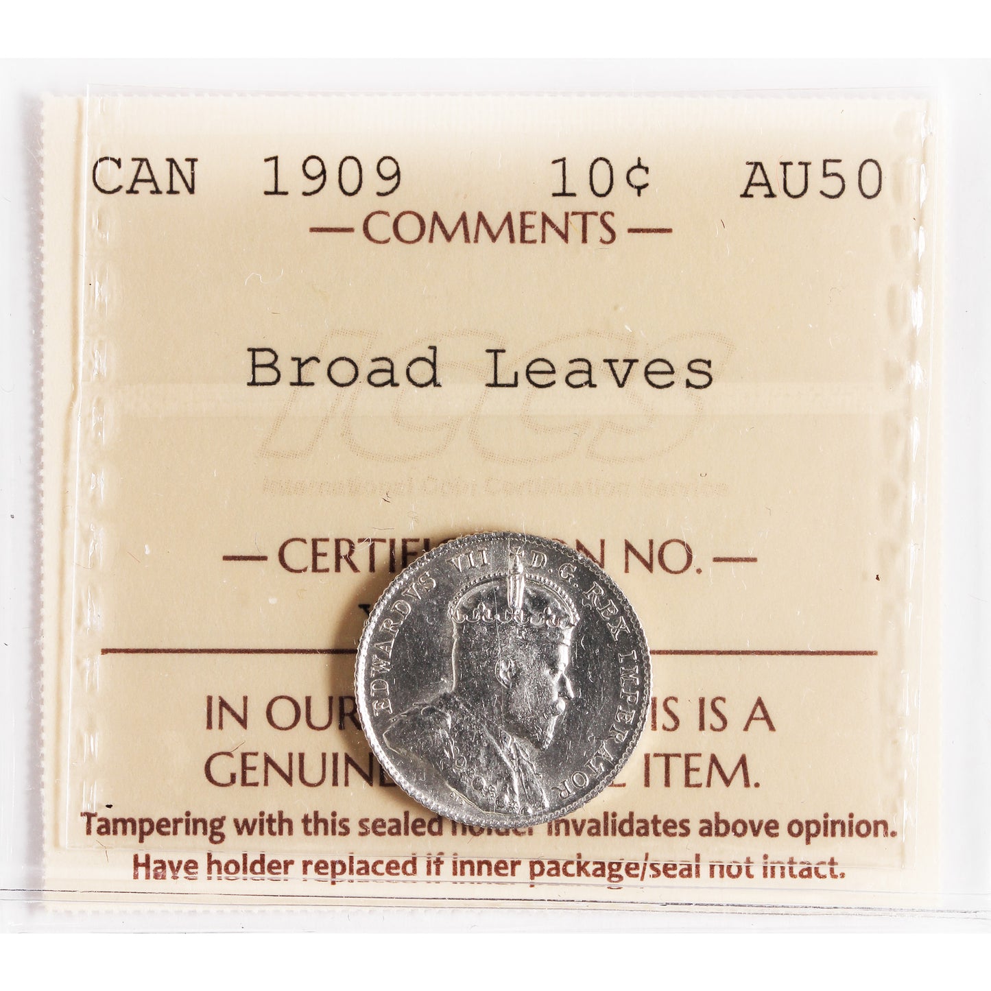 1909 Broad Leaves Canada 10-cents ICCS Certified AU50
