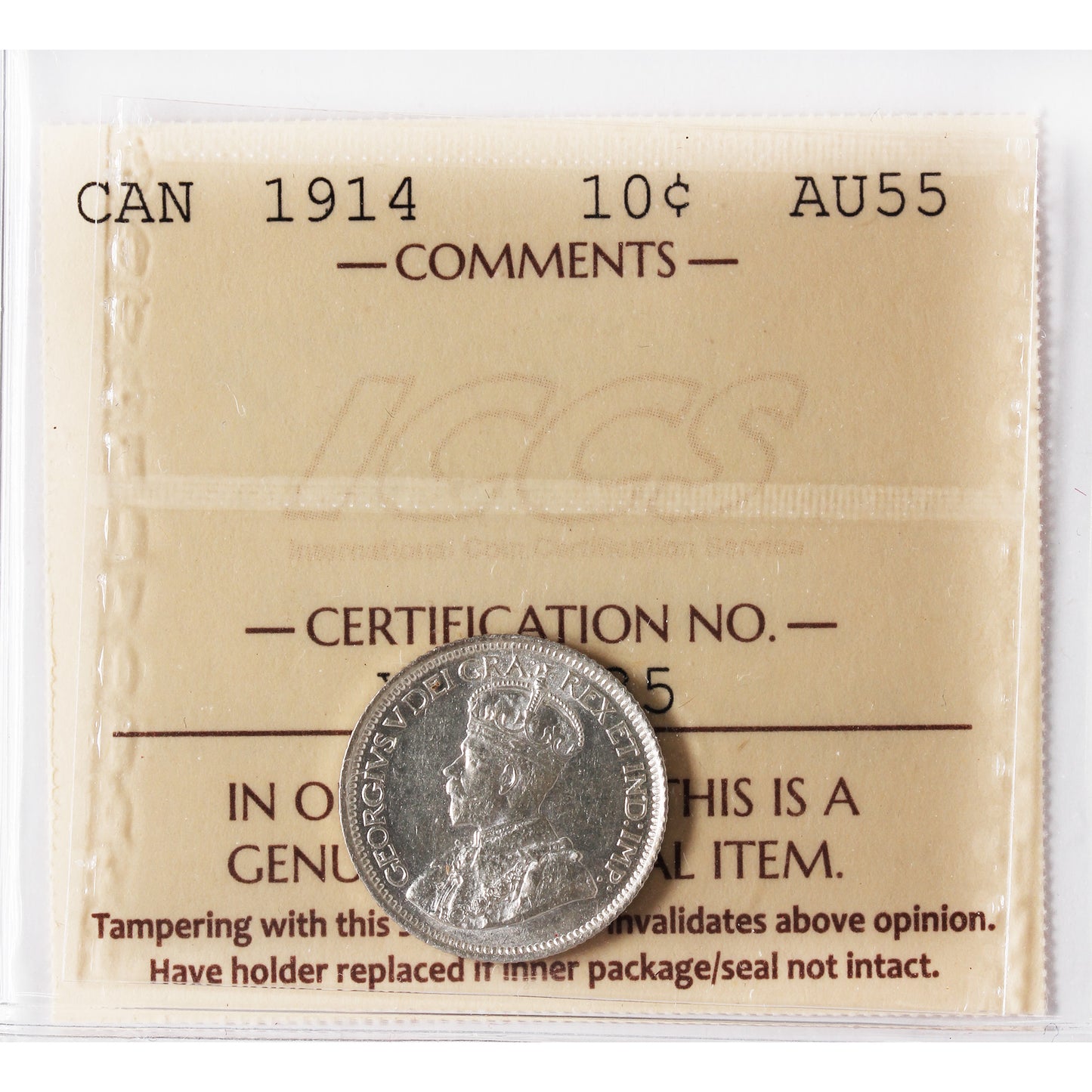 1914 Canada 10-cents ICCS Certified AU-55