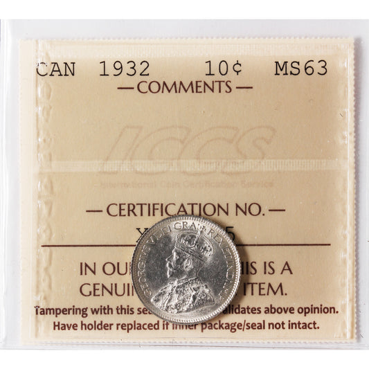 1932 Canada 10-cents ICCS Certified MS-63 (XHT 145)