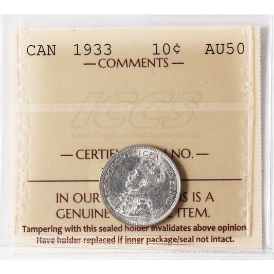 1933 Canada 10-cents ICCS Certified AU-50