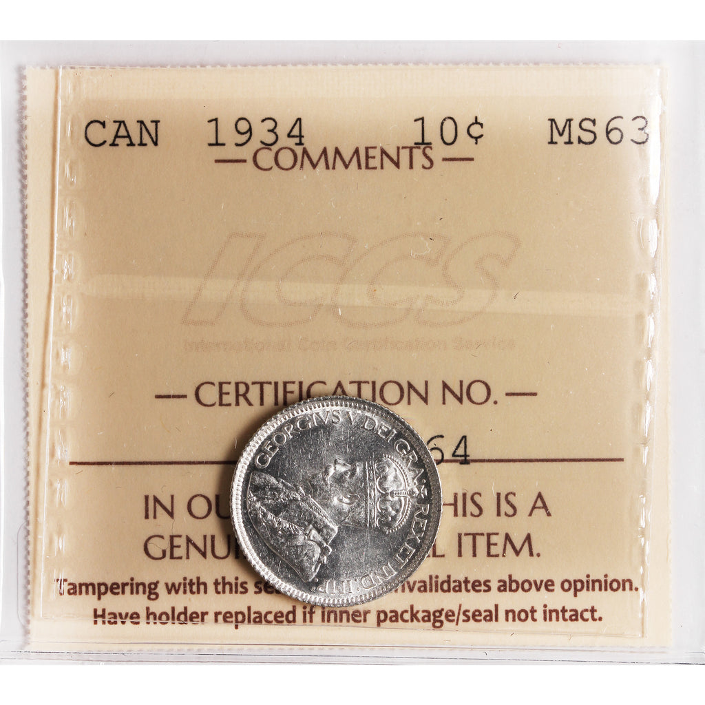 1934 Canada 10-cents ICCS Certified MS63 (XVR 264)