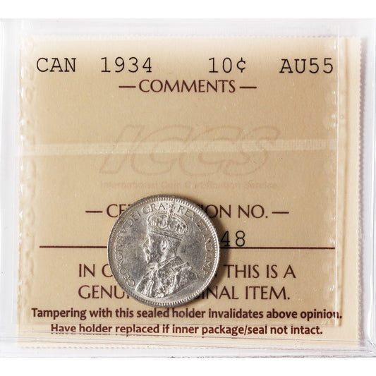 1934 Canada 10-cents ICCS Certified AU-55