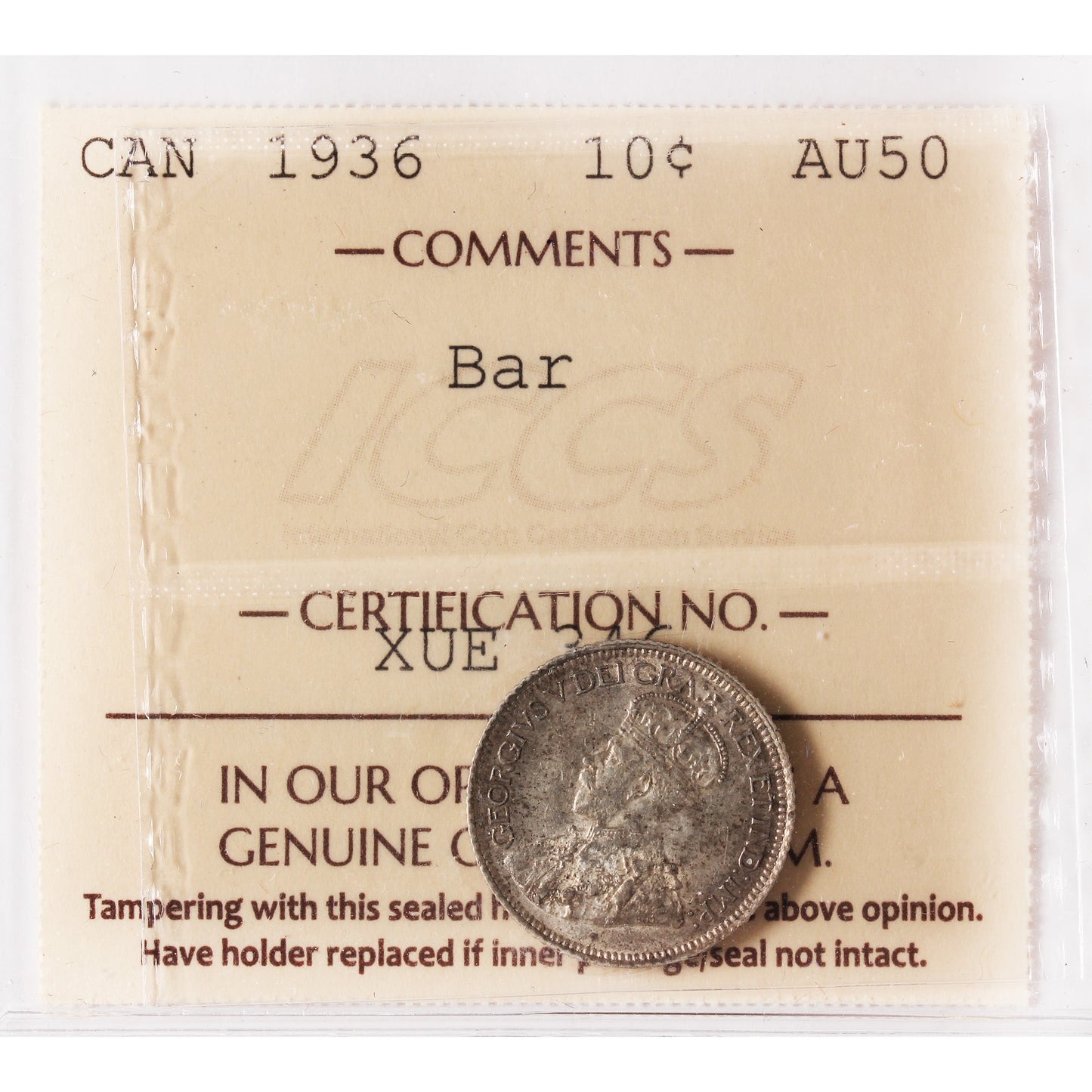 1936 Bar Canada 10-cents ICCS Certified AU50