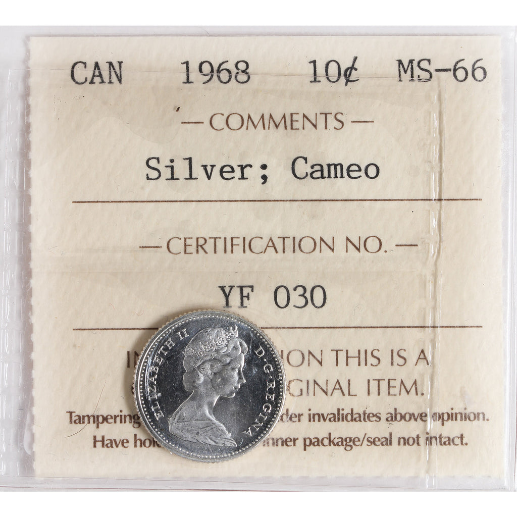 1968 Silver Canada 10-cents ICCS Certified MS66 Cameo
