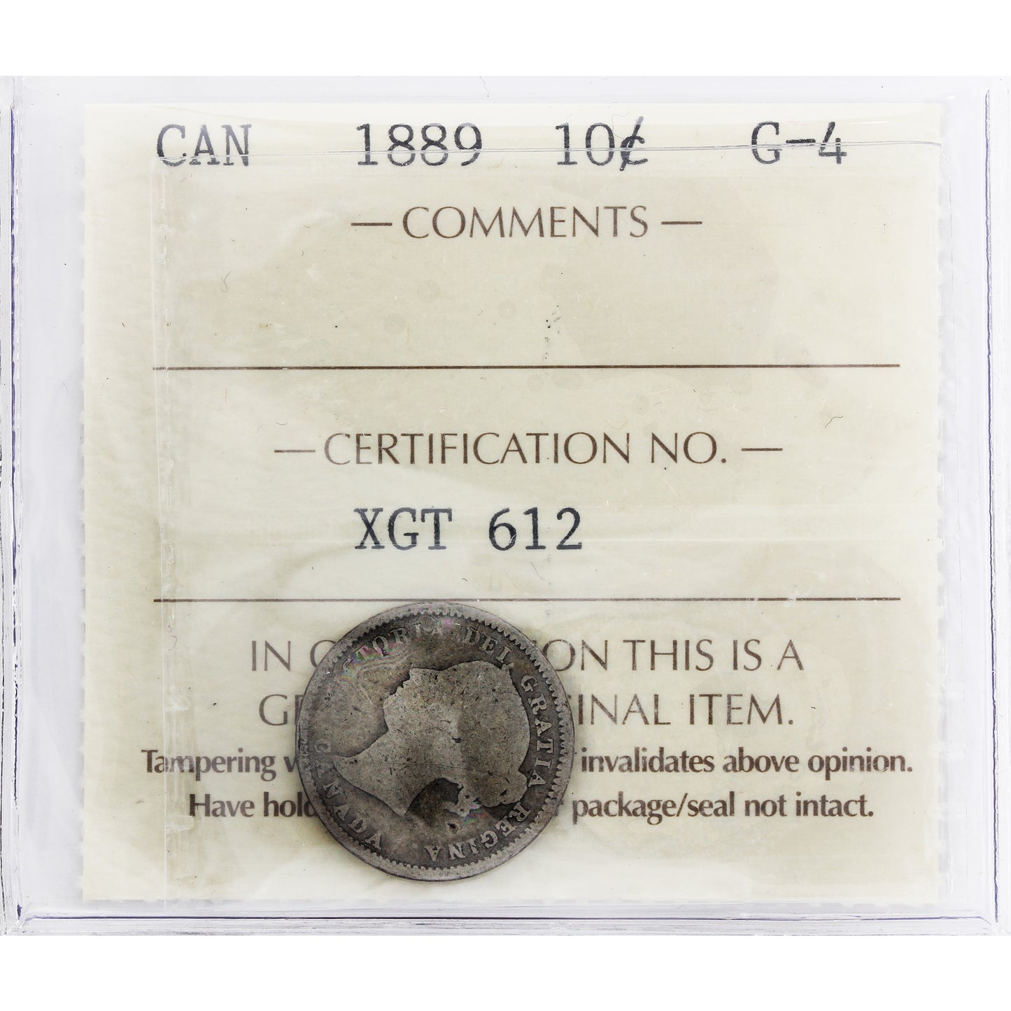 1889 Canada 10-cents ICCS Certified G4