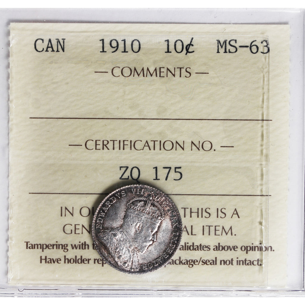 1910 Canada 10-cents ICCS Certified MS-63 (ZO 175)