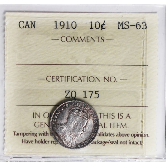 1910 Canada 10-cents ICCS Certified MS-63 (ZO 175)